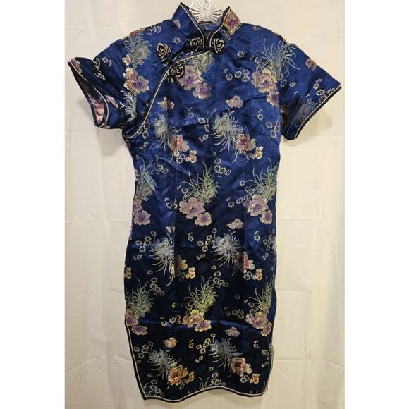 Vtg Blue Floral Silk Jacquard Asian Cheongsam Dress Size 42 See Description Meas - Picture 1 of 7